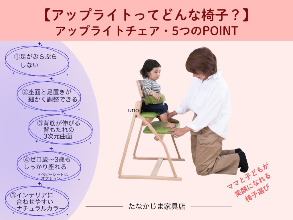 アップライトチェアの5つのポイントと高さを調整する親子
